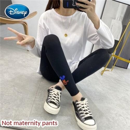 Womens threaded solid color leggings high waist cartoon Mickey embroidery stretch slimming tight stretch leggings