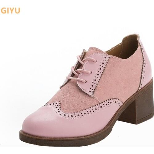 Womens Autumn Shoes Genuine Leather 2021 New British Style Single Shoes Casual Lace-up Shoes Student girl Small High Heels