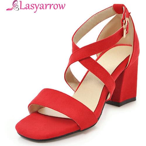 Lasyarrow Brand Shoes Woman Flock Gladiator Sandals Women Summer Sandals Thick Heels Buckle Strap Summer Beach Women Sandals