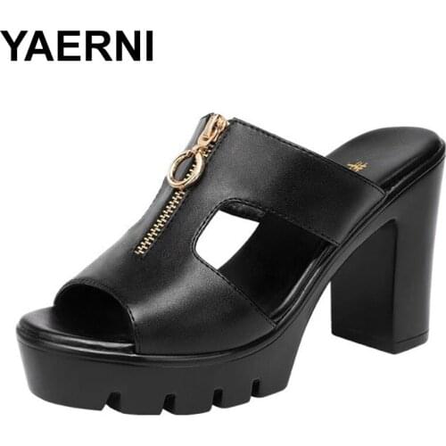 YAERNIPeep Toe Front Zip Women Slippers Red Block Heels Platform Shoes High Heels Thick Bottom Female Slides Summer Wedding Shoe