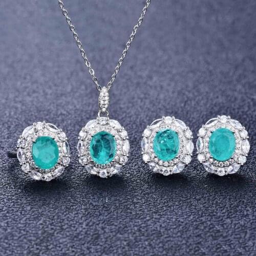 QTT Brazilian Paraiba Tourmaline Gemstone Silver 925 Jewelry Set Necklace Rings Stud Earrings Female Sets Wedding Party Jewelry