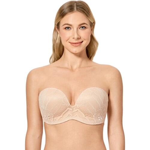 Womens Sexy Lace Slightly Lined Underwire Lift Support Plunge Plus Size Strapless Bra
