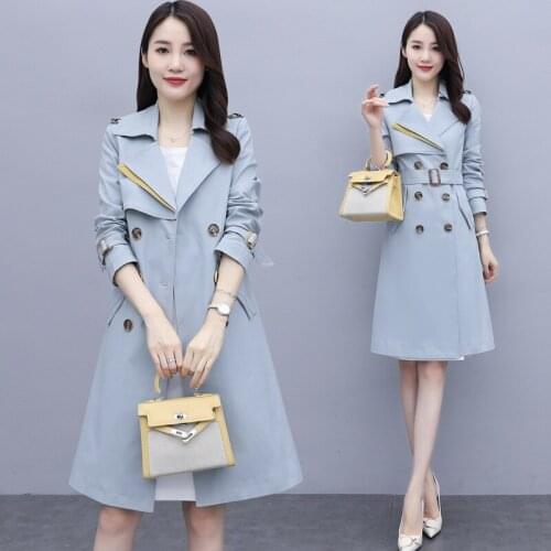 2021Autumn Korean Slim Mid Length Coat Women New Arrival Double Breasted Belted Trench Coat Female Casual Solid Office Outwear