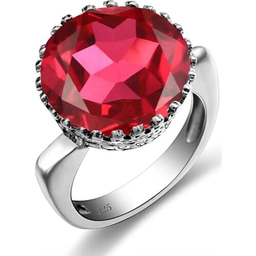 Szjinao Sterling Silver Ruby Rings Big Gemstone Rings For Women Round Shape Classic Engrave Handmade Female Jewelry Wedding Gift