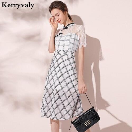 Summer Stitching Cheongsam Hollow Plaid Lace Dress 2021 Celebrity Style Sweet Elegant Dress Sukienki Letnie Robe Pull K6926