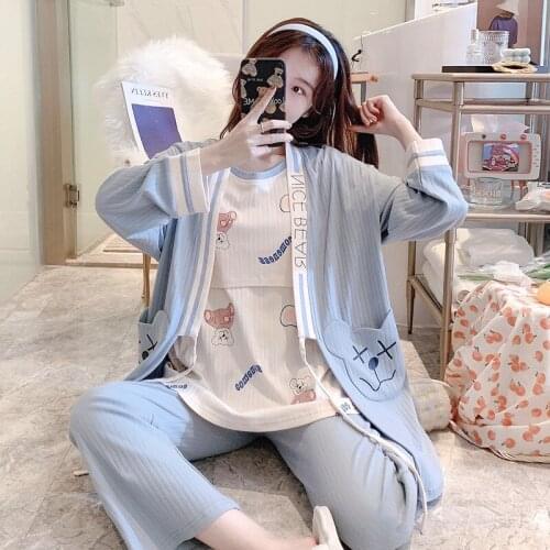 100% Cotton Floral Printed Cotton 3PCS/Sets Maternity Nursing Sleepwear Nightwear for Pregnant Women Pregnancy Pajamas Homewear