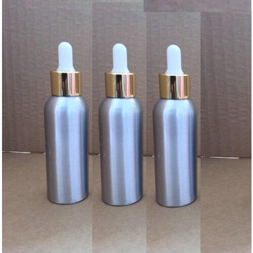 35pcs wholesale 80ml aluminum silver bottle With gold ring + white rubber dropper lid, 80ml empty essential oil container