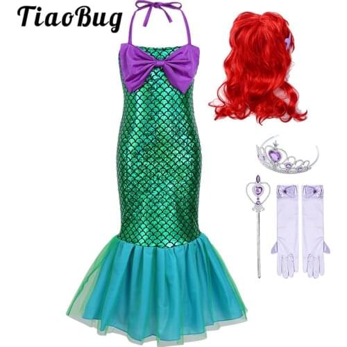 Kids Girls Halloween Cosplay Costume Glossy Fish Scales Printed Mermaid Dress with Crown Magic Wand and Gloves Princess Outfit