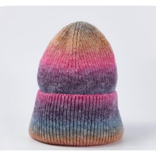 Winter Warm Woolen Hat for Woman Gradient Tie-dye Knitted Beanie Hat Female Outdoor Warm Skullise Cap Casual Girls Autumn Hat