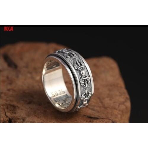 Real S925 Sterling Silver Ring Fashion Retro Thai Silver Vajra Six-character Mantra Rotating Ring