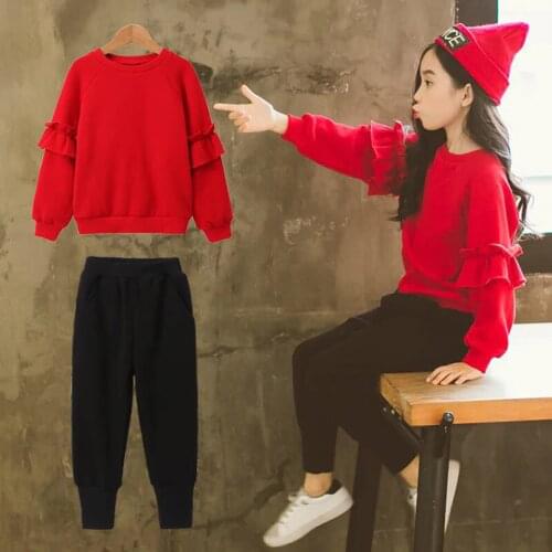Children Girls Clothing Sets Teenage Autumn Girl Clothes Cotton Red T Shirt Blouse + Black Pants Big Size 3 4 6 8 10 Year