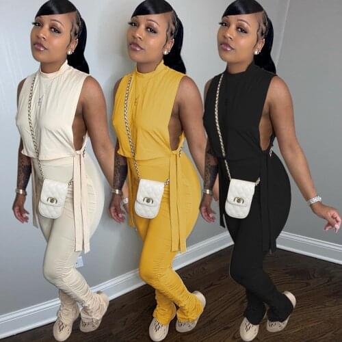 Summer Hot Sale Sexy Fashion Slim Casual New Product Solid Color Hollow Top and Stacked Pants Two Piece Set