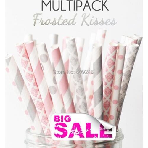 125pcs Mixed Colors FROSTED KISSES Party Paper Straws,Baby Pink Damask and Tiny Dot,Silver Striped,Polka Dot and Damask,Wedding