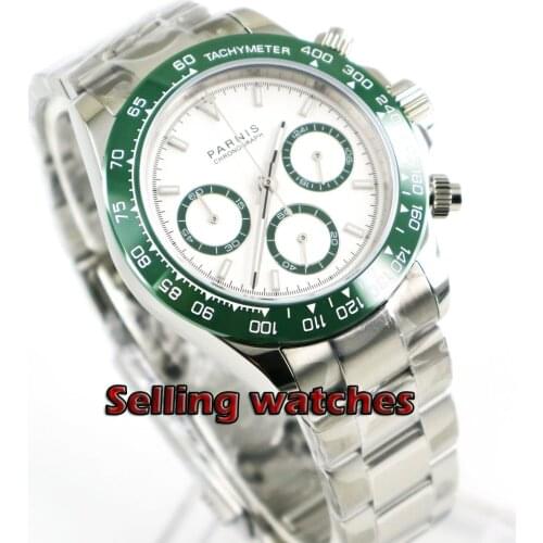 Solid 39mm PARNIS Quartz mens watch Full Chronograph white dial luminous sapphire glass stop watch men