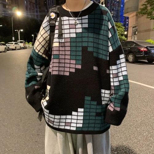 2021 Mens Long Sleeve Wool Sweaters Loose Youth Pullover Lattice Printing In Warm Coats Round Neck Cashmere Knitting M-2XL