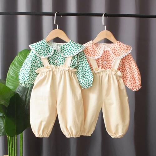 2021 spring and autumn new girls clothing floral turn shirt suspender skirt two-piece western-style baby girl retro girl suit