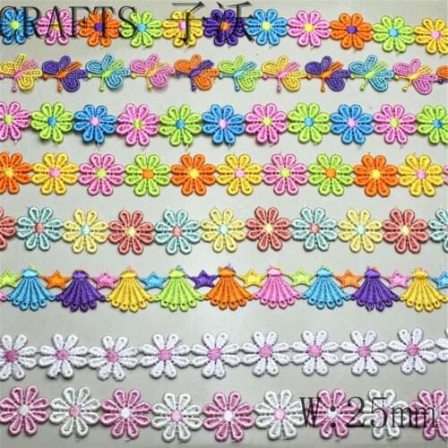 Wholesale 15 Yards Colorful Dainty Flowers Daisy Polyester Lace Trim Embroidered Lace Ribbon For Sewing Craft Wedding