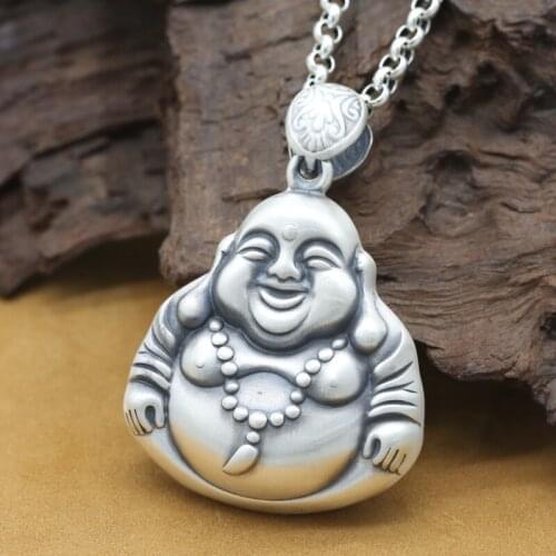 Handmade 999 Silver Laughing Buddha Statue Pendant Real Pure Silver Happy Buddha Amuet Pendant Buddhist Amulet Pendant