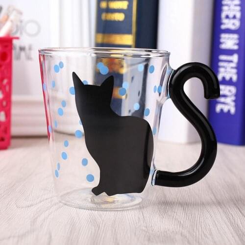 350ML Cute Cat Glass Cup Milk Tea Glass Mug Cat Tail Handle Cat Valentines Day Lover Gifts Couple Cup Drinking Utensils