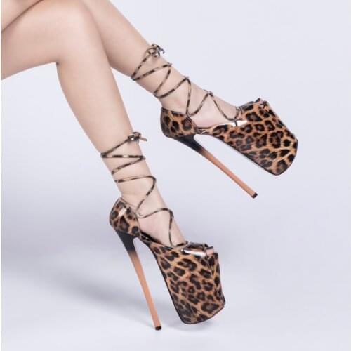 19cm Women Pumps High Heel Thick Bottom Thin Heel Platform Shoes Woman Sexy Leopard Ankle Strap Cross-tied Summer Sandals Shoe