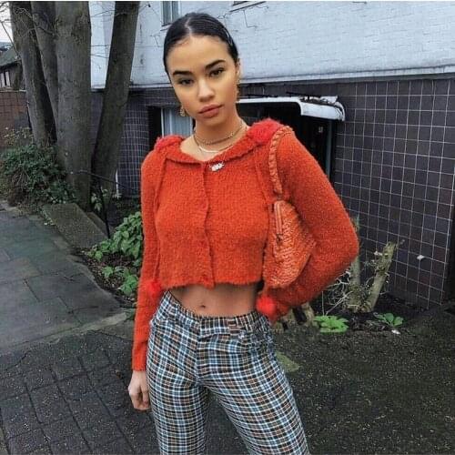 Women Two Colors Autumn Sexy Short Hairy Korean Fur Ball Fur Collar Fashion Hooded Single Breasted Sweater Women Knit Cardigan