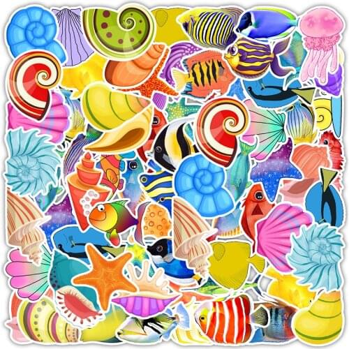 10/50PCS Sea Fishes Animal Stickers Ocean World Plants Coral Jellyfish Cute Cartoon Waterproof Sticker Kids DIY Scrapbook Decals