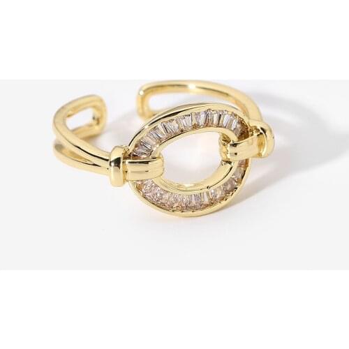 18k Gold Plated Cooper Shiny Full Zircon Geometric Oval Circle Rings For Women Adjustable Open Design Rings