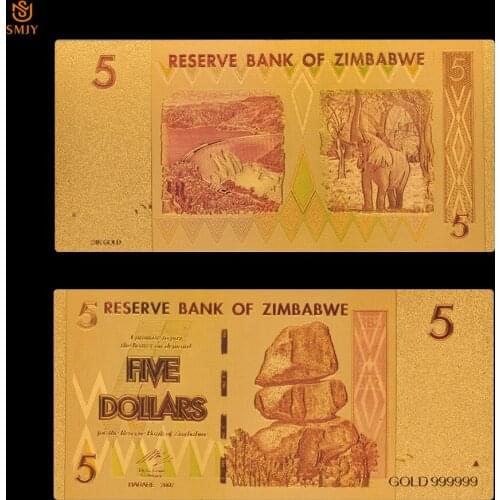 2018 Zimbabwe Currency Multicolor 5 Dollar Gold Foil Bank Bill Gold Banknote Paper Money Collection For Gift