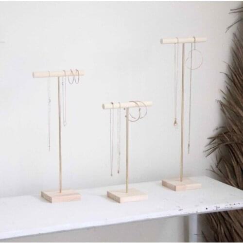 3'lü Ahşap Takılık Standı Gold Kolye Askısı Yüzüklük Dekoratif Aksesuar Organizer