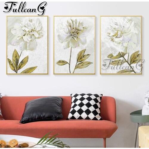 FULLCANG 5d diy diamond embroidery white abstract flower diamond painting triptych full square round drill decoration FC3033