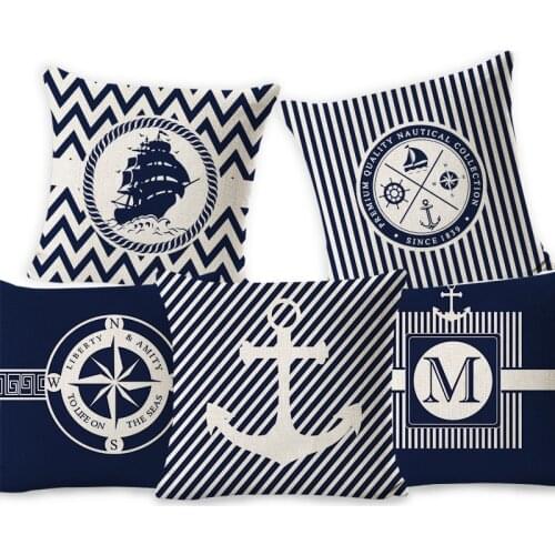 Home Decorative Pillowcase Square Cushion Cover Blue Sea Compass Series Pillowcase Marine Boat Toss Pattern Pillow Cover