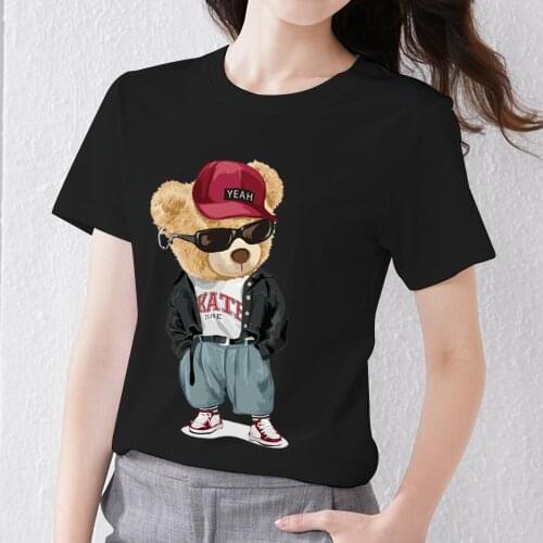 Womens T-shirt Commuter Top Cartoon Play Cool Bear Pattern Series Printed Classic O-neck Fashion Comfortable Soft T-shirt Women