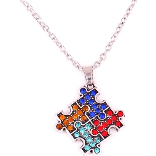 Unisex Pendant Necklace Jigsaw Puzzle Pattern Depression Style With Colorful Crystals Beautiful Jewelry Zinc Alloy Dropshipping