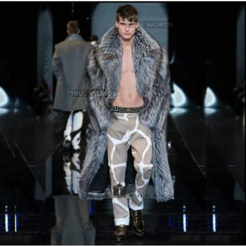 Famous brand mens Imitation fox fur coat long design eco-friendly fur overcoat men thick faux leather wool male outerwear