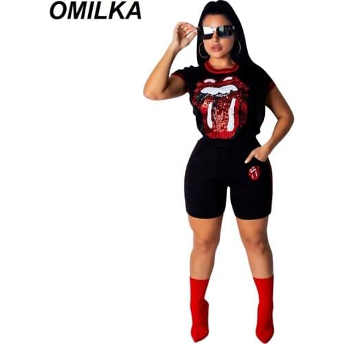 OMILKA Sequined Red Lips Two Piece Set T Shirt and Shorts Set 2019 Tracksuits Summer Women Club Party 2 Piece Outfits Sportwear
