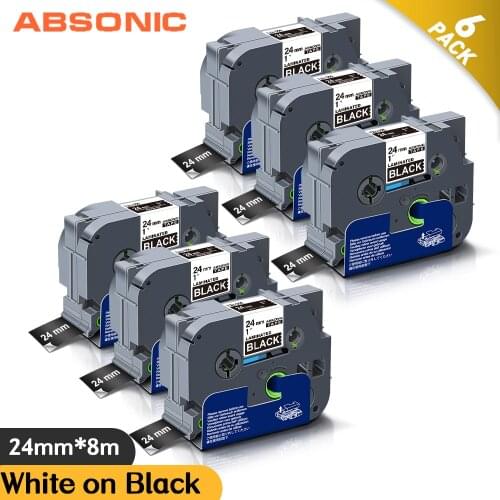 Absonic 6PCS TZe Tape TZe-355 TZ-355 TZe355 TZ355 White on Black 24mm*8m Compatible for Brother P-touch Label Maker Printers