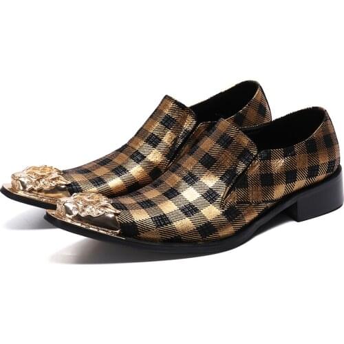 Fashion Lattice mens shoes Genuine Leather Handmade British Style Business Suits Mens Shoes Gold Tip Toe Mens Party Dress Shoes