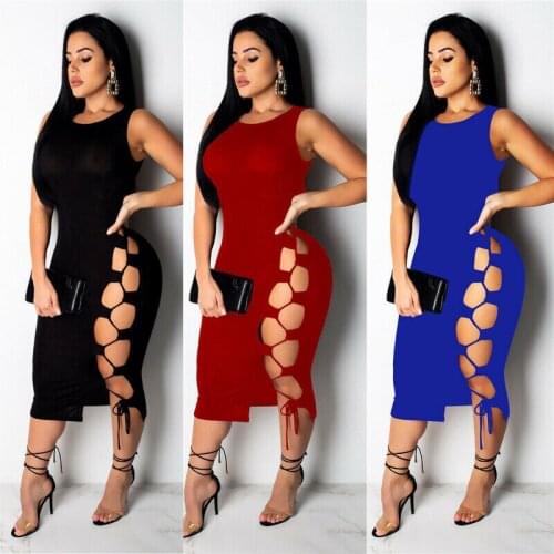 New Womans Crew Neck Bandage Hollow Out Party Club Sexy Bodycon Long Dress