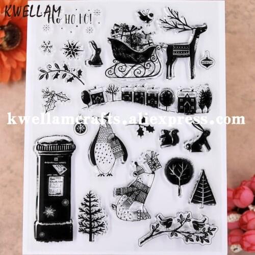 Merry Christmas Santa Sled Penguin Tree Snowflake Scrapbook photo cards rubber stamp clear stamp transparent stamp KW9112817