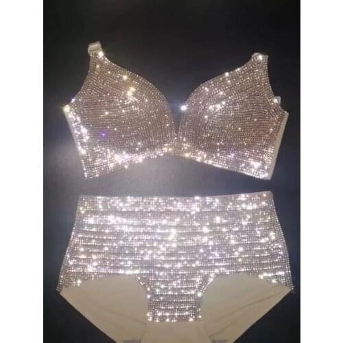 Sexy Full diamond sexy ice silk bra Fashion diamond luster Female underwear Underpants Bikini decoration Stage performance dress