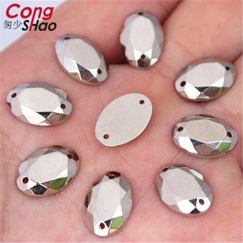 Cong Shao 50Pcs 10*14mm Silvery white stones and crystals Acrylic oval flatback rhinestone 2 Hole sewing Costume Decorate ZZ734