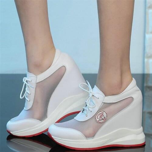 Summer Wedges High Heel Pumps Shoes Women Lace Up Cow Leather Gladiator Sandals Female Breathable Round Toe Platform Pumps Shoes