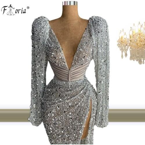 Sparkly Full Sequined Long Sleeves Mermaid Evening Dresses Dubai Silver Beading Deep-V Prom Dress Formal Party Pageant Gown