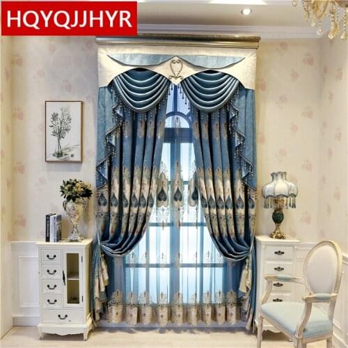 High quality blue European style embroidered elegant villa bedroom curtains with luxurious Voile Curtain for living room hotel