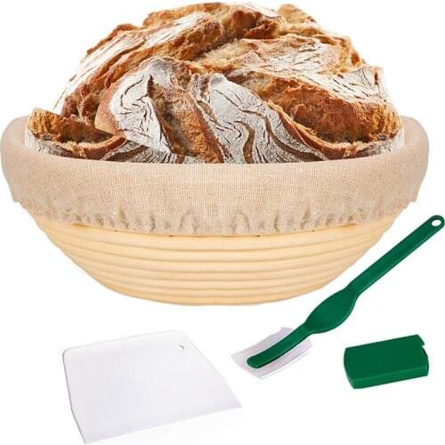 WSFS Hot 10 Inch Bread Proofing Basket - Banneton Proofing Basket + Cloth Liner + Dough Scraper + Bread Lame - Sourdough Basket