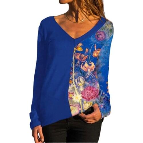 Hot Selling Large Fall Stitching T-shirt Womens Casual V-Neck Long Sleeve Flower Pullover Tops Fashion Oversized Streetwear Tee