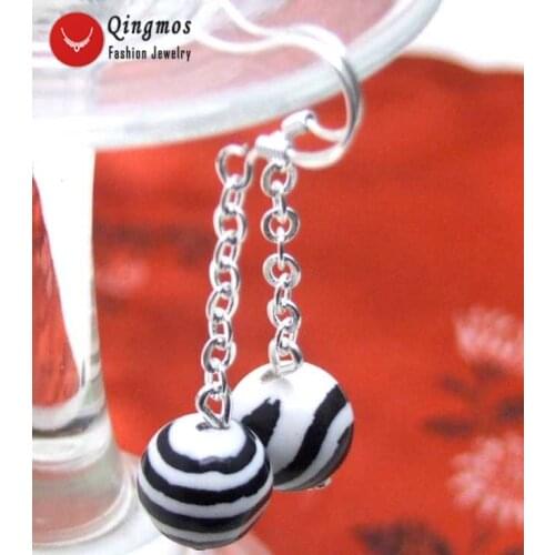 Qingmos Black Natural Agates Earrings for Women with 10mm Zebra Stripe Round Agates Dangle Silver Earring Hook Jewelry Ear321
