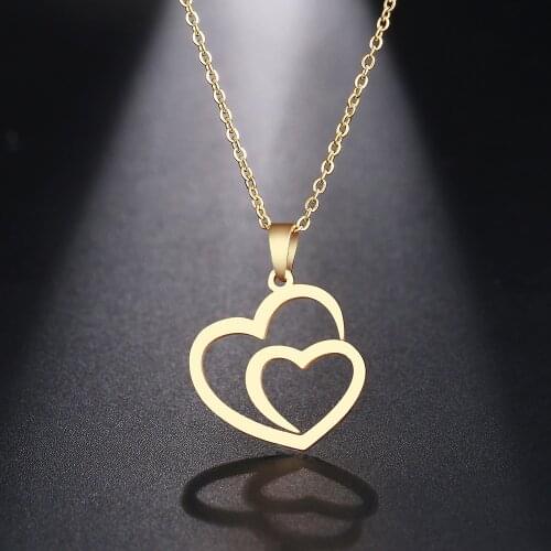 Double Heart Pendant Chain Necklace Choker Womens Girls Fashion Jewellery Lover Gifts Stainless Steel Valentines Day Gift