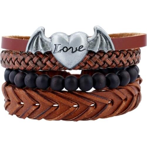 4PCS/Set Boho Punk Brown Leather Wing Heart Love Charm Black Wood Beads Multi Layers Stacked Bracelets Bangles Unisex Jewelry