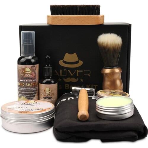 9Pcs/set Men Beard Kit Styling Tool Aprons Balm Beard Oil Comb Moisturizing Wax Styling Scissors Beard Care Set